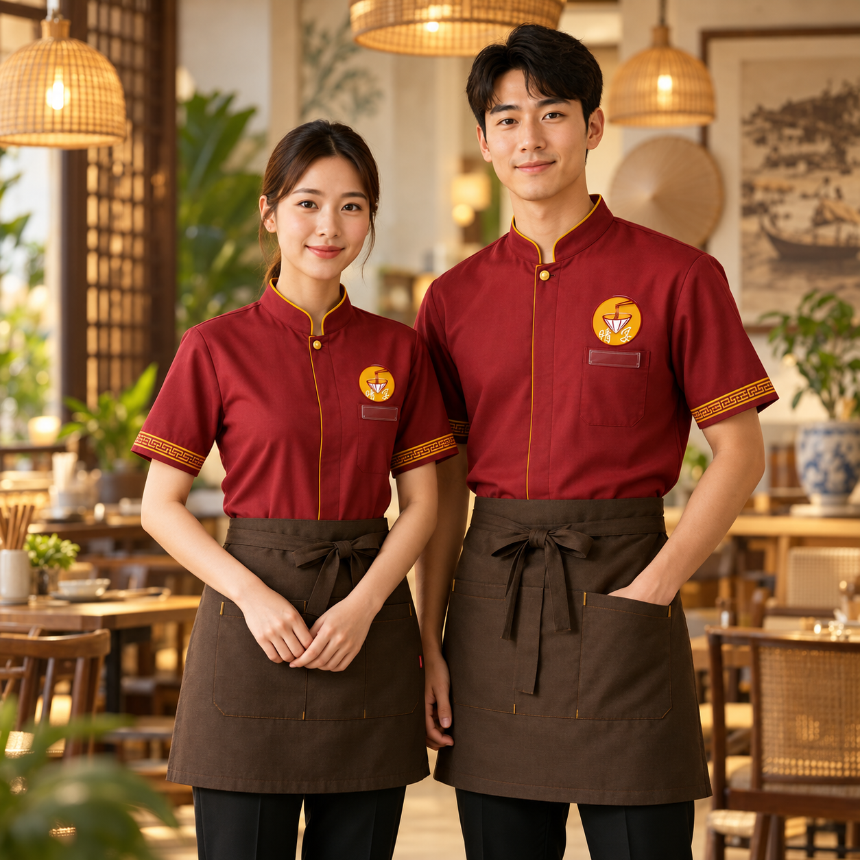 穿著晴宴紅金制服的專業服務夥伴